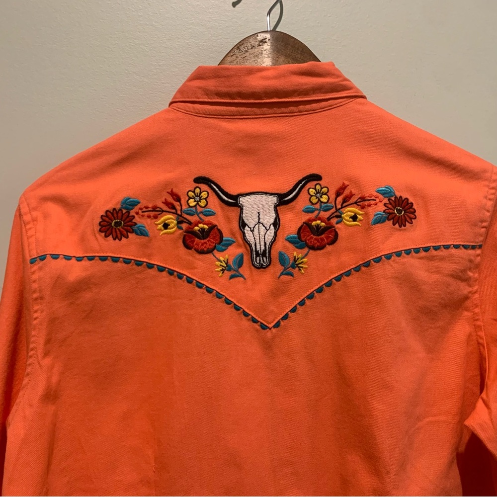 Wrangler Women’s Retro Turquoise Snap Western Boho Coral Embroidered Shirt L